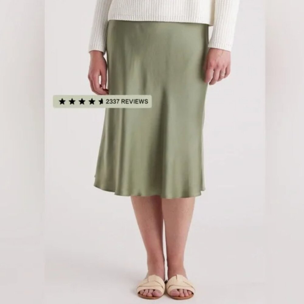 Quince Moss Green 100% Silk Midi Skirt, medium